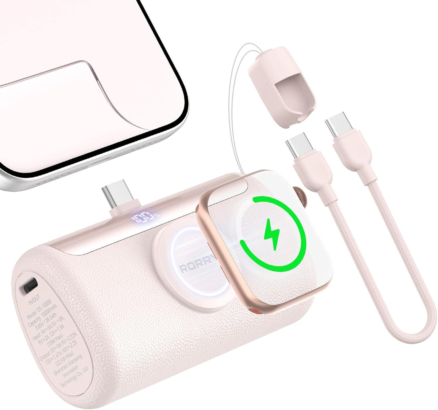 Portable Charger, 10000mAh PD 22.5W Fast Charging Mini Power Bank with Built-in USB C Connector, 3-in-1 Battery Pack for iPhone 17/16/15 Pro/Max, Apple Watch Ultra/11/10/SE, iPad, Pink