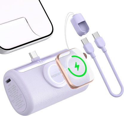 Portable Charger, 10000mAh PD 22.5W Fast Charging Mini Power Bank with Built-in USB C Connector, 3-in-1 Battery Pack for iPhone 17/16/15 Pro/Max, Apple Watch Ultra/11/10/SE, iPad, Pink
