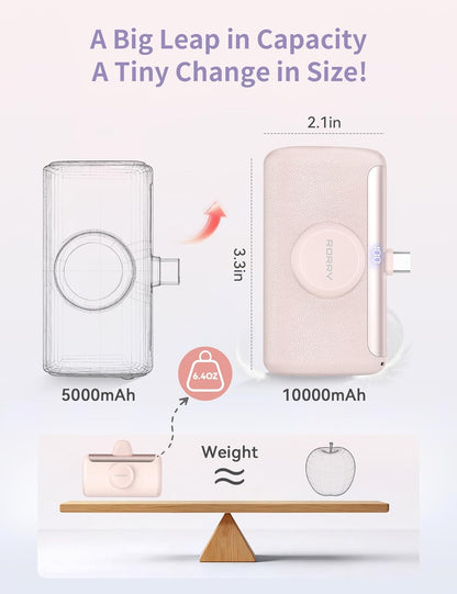Portable Charger, 10000mAh PD 22.5W Fast Charging Mini Power Bank with Built-in USB C Connector, 3-in-1 Battery Pack for iPhone 17/16/15 Pro/Max, Apple Watch Ultra/11/10/SE, iPad, Pink