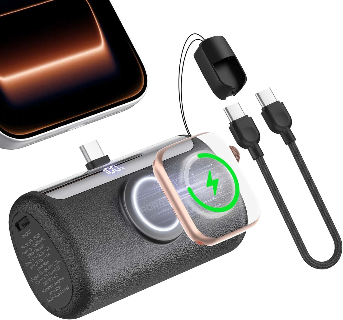 Portable Charger, 10000mAh PD 22.5W Fast Charging Mini Power Bank with Built-in USB C Connector, 3-in-1 Battery Pack for iPhone 17/16/15 Pro/Max, Apple Watch Ultra/11/10/SE, iPad, Pink