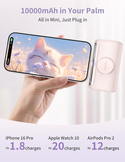 Portable Charger, 10000mAh PD 22.5W Fast Charging Mini Power Bank with Built-in USB C Connector, 3-in-1 Battery Pack for iPhone 17/16/15 Pro/Max, Apple Watch Ultra/11/10/SE, iPad, Pink