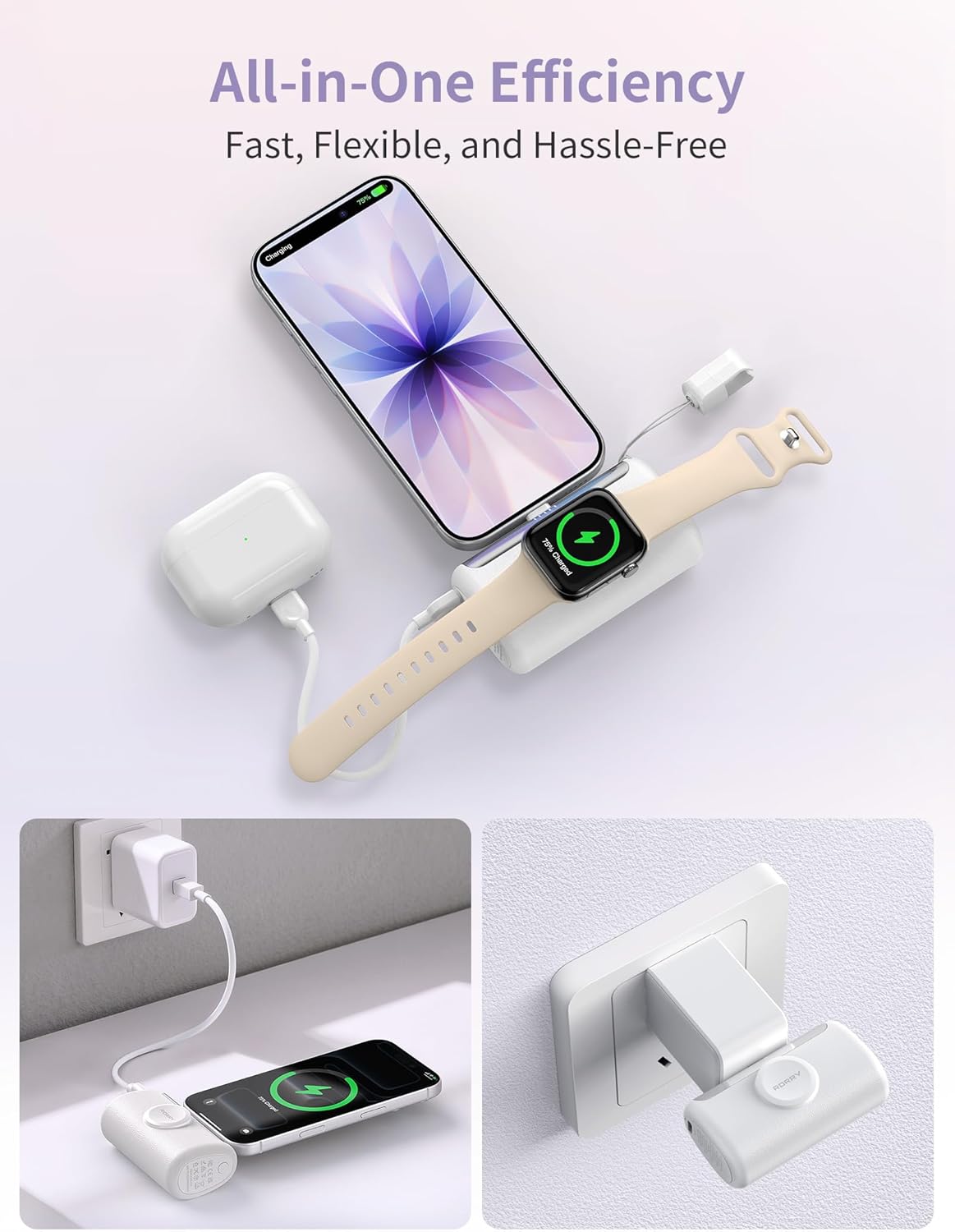 Portable Charger, 10000mAh PD 22.5W Fast Charging Mini Power Bank with Built-in USB C Connector, 3-in-1 Battery Pack for iPhone 17/16/15 Pro/Max, Apple Watch Ultra/11/10/SE, iPad, Pink