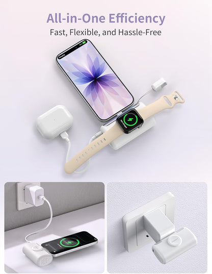 Portable Charger, 10000mAh PD 22.5W Fast Charging Mini Power Bank with Built-in USB C Connector, 3-in-1 Battery Pack for iPhone 17/16/15 Pro/Max, Apple Watch Ultra/11/10/SE, iPad, Pink